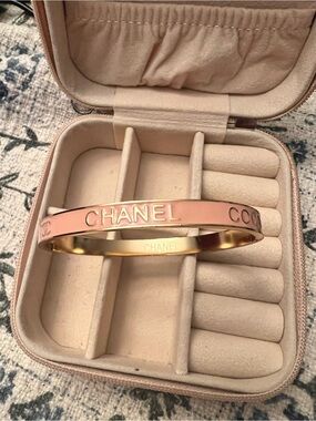 Pink Enamel Chanel Logo Bangle Bracelet - Gold Trim